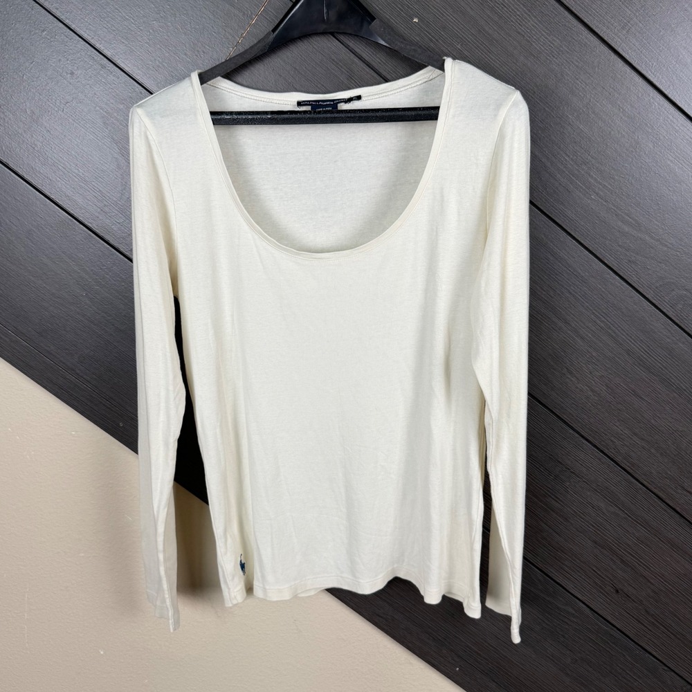 Ralph Lauren Sport Women's XL Ivory Scoop Neck Long Sleeve Shirt Blue Pony